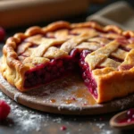 design an image of a rustic homemade goumi berry pie with a golden flaky crust show the pie sliced qluh1vi53d97kgfaqqiy 0